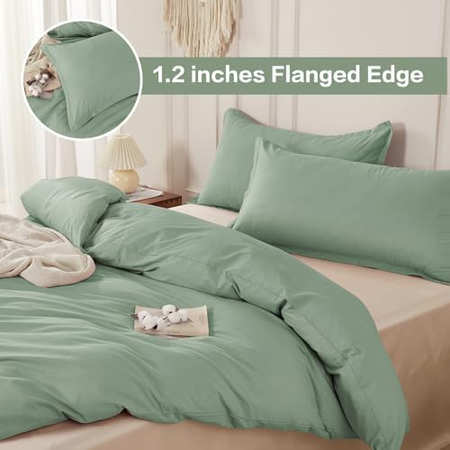SAPHREAS 100% Washed Cotton Duvet Cover Full Size Set, Linen Like Comforter Cover with Zipper Closure & Corner Ties (No Comforter), 80x90 Sage Green