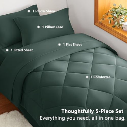 CozyLux Twin XL Comforter Set 68"x88" Forest Green - 5 Piece Bed in a Bag