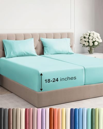 Extra Deep Split King Sheet Set - 5 Piece Soft & Cooling Sheets - Spa Blue