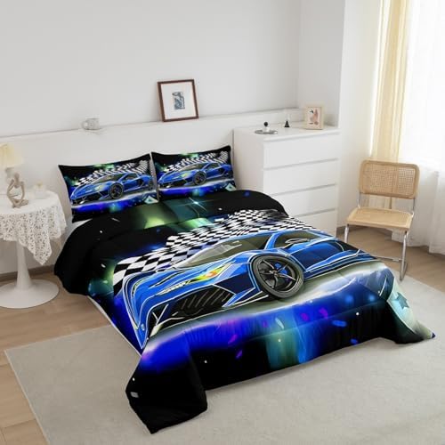 Feelyou Blue Racing Car Comforter Bed in A Bag King Size for Kids Teens