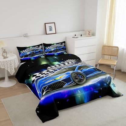 Feelyou Blue Racing Car Comforter Bed in A Bag Full Size for Kids Teens