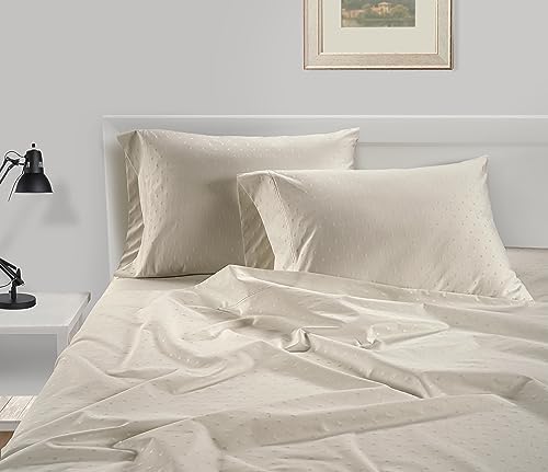 LANE LINEN King Size Bed Sheets Sateen Weave - Ivory Swiss Dot
