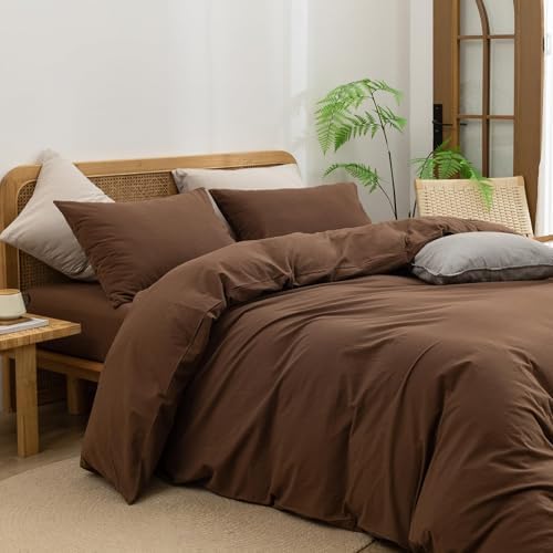 BESTOUCH Cotton Solid Duvet Cover Set Linen Feel Cocoa Brown Alaska King