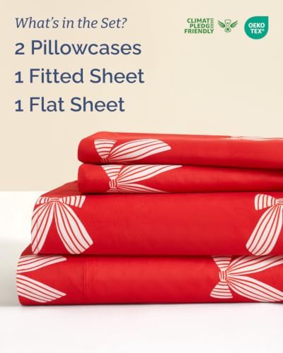 Christmas Sheet Set, Red Ribbon Bows, Holiday Xmas Bedding Set - Cal King
