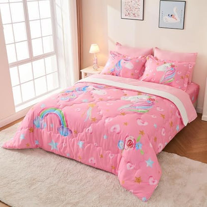 Wajade Pink Unicorn Comforter Set for Girls 7 Piece Cute Cartoon Bedding Set for Kids Twin Size as Birthday Gift with Comforter, Sheet Set, Pillowcase and Sham
