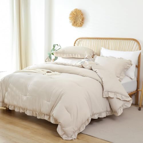 JANZAA Beige Comforter Set California King, Ruffle Soft Bedding