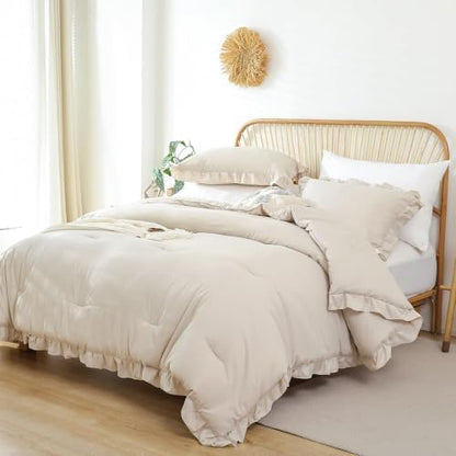 JANZAA Beige Comforter Set Oversized King, Ruffle Soft Bedding