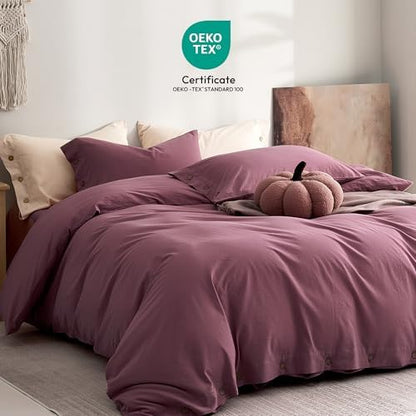 JELLYMONI 100% Washed Cotton Deep Rose Duvet Cover Twin, Linen-Like