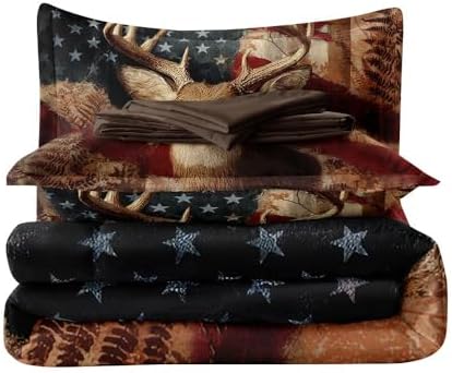 5PCS Deer Comforter Sets Twin,Boys Camo Bedding Twin,American Flag Comforter,Camo Bed Set for Boys,Adults,Teens