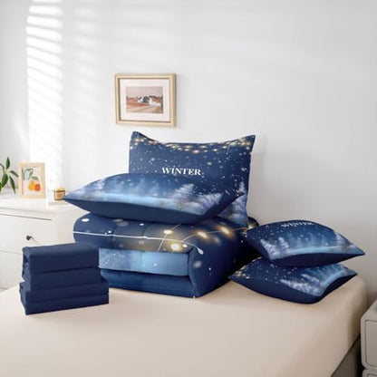 Erosebridal Winter Season 7 Pcs Comforter Set King, Snowflakes Bedding for Adult, Xmas Mystical Wonderland Starry Sky Night Bed in A Bag Sheet Set, Night Blue New Year Holiday Light Coniferous Quilt