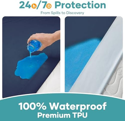 OhGeni Waterproof Mattress Protector, Full Size Mattress Pad Fitted with Deep Pocket 6"-18", Breathable Soft, Washable DirtProof Mattress Cover, Navy Blue, More Than 99 pcs fibers, Daybed Cover