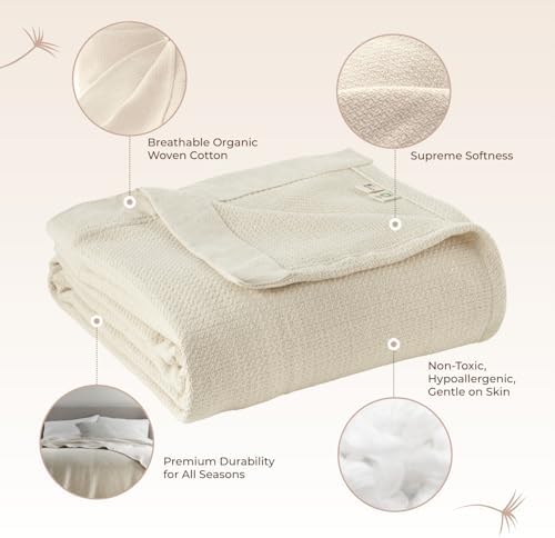 100% Organic Cotton Blanket - GOTS & Fairtrade Certified Organic Cotton Throw Blanket for Bed with a Heavy & Breathable Single Knit Weave - Great as Bedspread or Coverlet (Natural, King/Cal King)