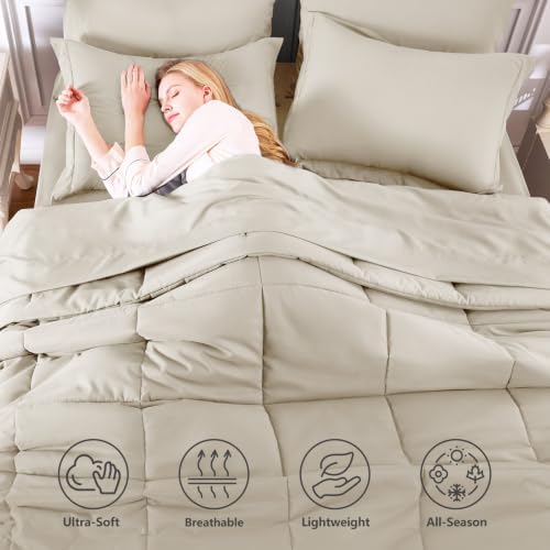 CozyLux King Size Comforter Set, 7-Piece Bed in a Bag, Oatmeal
