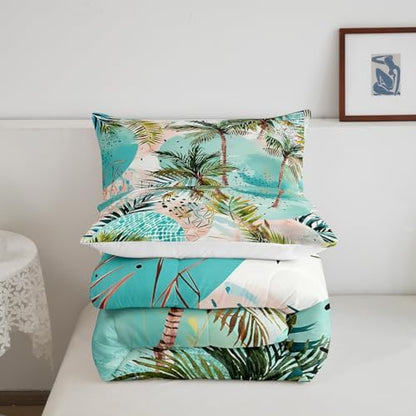 Manfei Tropical Beach Comforter Set King Size, Green Palm Trees Bedding Set 3pcs for Kids Boys Girls Room Decor, Summer Ocean Beach Theme Down Comforter with 2 Pillowcases, No Sheets