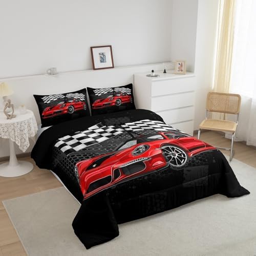 Manfei Racing Car Comforter Set King Size, Red Sports Car Quilt Set with 2 Pillowcases, Black White Plaid Grid Flag Print Bedding Set 3pcs for Kids Boys Teens Bedroom Decor