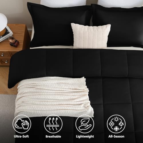 CozyLux Queen Comforter Set, 3-Piece Box-Stitched, Black