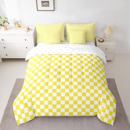 jejeloiu Checkerboard Grid Comforter Set with Sheets 7 Piece Full Size