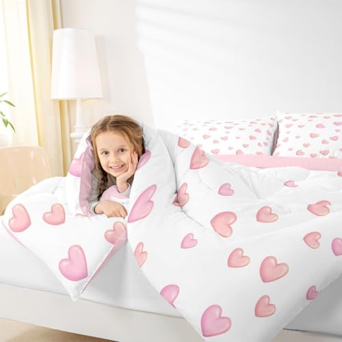 jejeloiu Pink Heart Comforter Set King Size Kawaii Bedding Set for Kids Boys Girls Dreamy Princess Style Duvet Quilt Bedroom Decor Microfiber 3 Pcs with 2 Pillow Cases