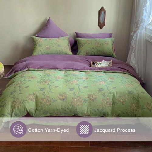 VM VOUGEMARKET Retro Flower Duvet Cover King,3Pcs Yarn-Dyed French Linen Jacquard Duvet Cover Set Mint Green Purple Bedding Set for Girls Women Without Comforter