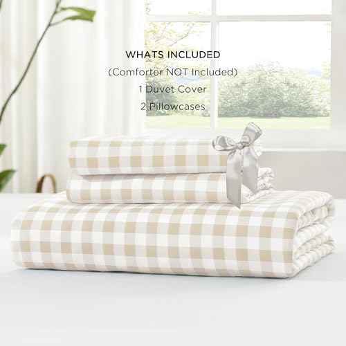 Andency Cream Gingham Duvet Cover King, Ruffle Shabby Bedding Set 3 Pcs