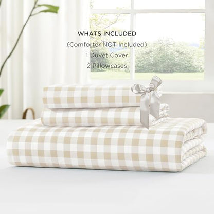 Andency Cream Gingham Duvet Cover King, Ruffle Shabby Bedding Set 3 Pcs
