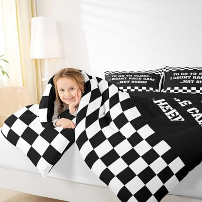Castle Fairy Racing Theme King Size Comforter Set Kids Sports Car Decor All Season Bedding Set for Girls Teens Black and White Grid Comforter Decor Quilt Set Bedroom Collection 3Pcs