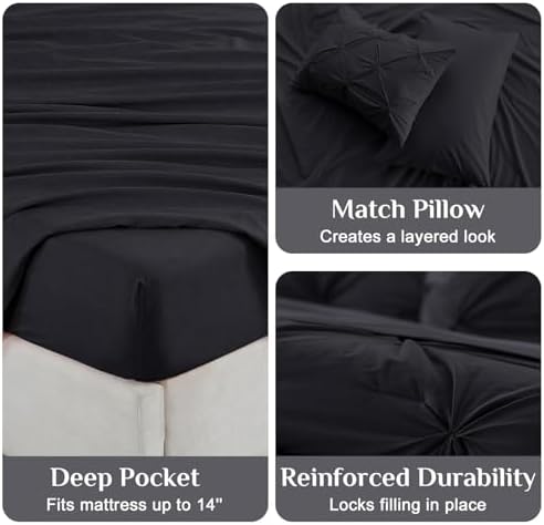 JOLLYVOGUE Twin Comforter Set 5 Pieces - Bed in a Bag Twin for All Season, Pintuck Bedding Comforter Sets with Comforter, Flat Sheet, Fitted Sheet and Pillowcases & Shams, Black