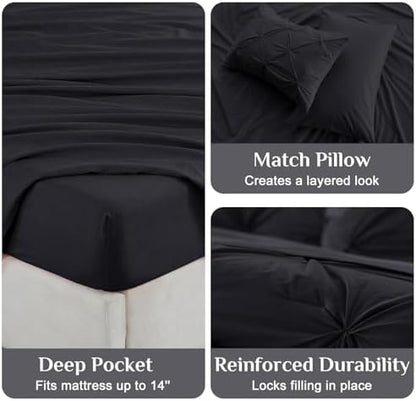 JOLLYVOGUE Twin Comforter Set 5 Pieces - Bed in a Bag Twin for All Season, Pintuck Bedding Comforter Sets with Comforter, Flat Sheet, Fitted Sheet and Pillowcases & Shams, Black