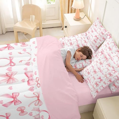 Erosebridal Princess Bow 7 Piece Comforter Set Full Bed in a Bag | Pink Bow Tie Bedding Sets Cute Ribbon Bowknot Comforter and Sheet Set, Girly Kawaii Love Hearts Bed Sets