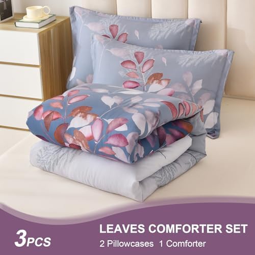 DJY Queen Comforter Set, Blue Purple Botanical Leaves Comforter Set Queen Size, 3 Pieces Reversible Purple Floral Bed Comforter Sets Soft Microfiber Bedding Comforter Set for All Season (90"x90")