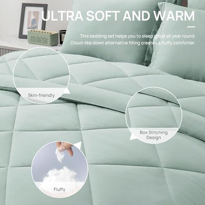 Love's cabin Queen Comforter Set Aqua, 7 Pieces Queen Bed in a Bag, All Season Bedding Sets with 1 Comforter, 1 Flat Sheet, 1 Fitted Sheet, 2 Pillowcase and 2 Pillow Sham