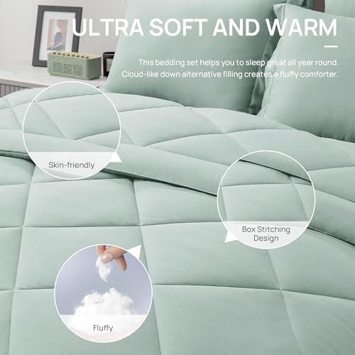Love's cabin Oversized Queen Comforter Set, 7 Pieces Bed in a Bag, All Season Bedding Sets with 1 Comforter, 1 Flat Sheet, 1 Fitted Sheet, 2 Pillowcase and 2 Pillow Sham, Aqua