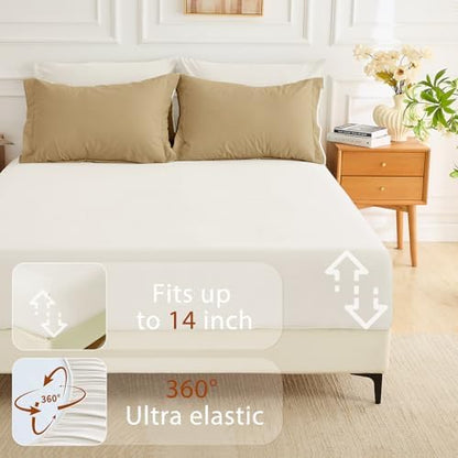 MUXHOMO 7 Pieces Oversized Queen Comforter Set, Soft Bed in a Bag Oversized Queen Size, All Season Bedding Set with Comforter, Flat Sheet, Fitted Sheet, Pillowcases & Shams, Ivory & Khaki