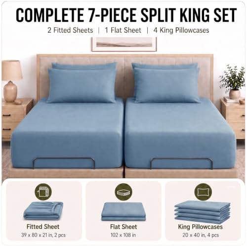 CozyLux Split King Sheets 7-Piece, 21-Inch Deep Pocket, Soft Brushed Feel