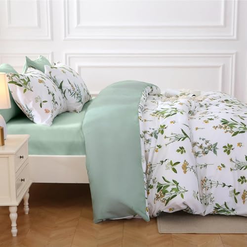 MUXHOMO Bed in a Bag Queen 7 Pieces, Queen Comforter Set Reversible Green Botanical Flowers Design, Ultra Soft & Breathable Bedding Sets with Comforter, Sheets, Pillowcases & Shams