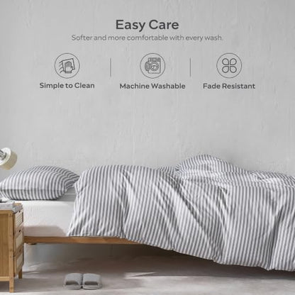 JELLYMONI 100% Cotton Printed Striped Full Duvet Cover Set, Grey