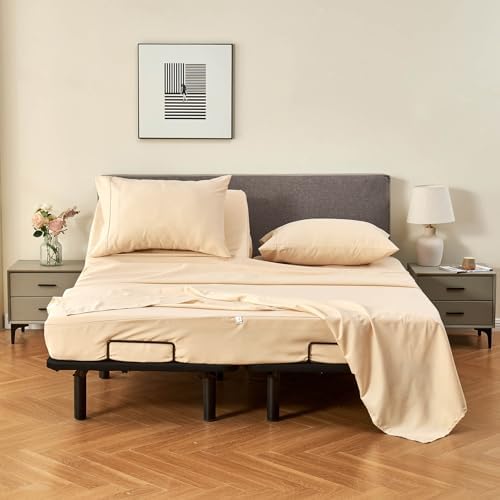 Kingnex 32-34 Split Top King Sheets Sets for Adjustable Bed Soft Double Brushed Microfiber 4 Pieces Include 1 Partial Flex Head King Fitted Sheet 1 Flat Sheet 2 King Size Pillowcase Beige