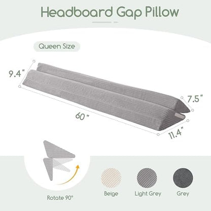 HIGOGOGO Queen Size Wedge Pillow for Headboard Gap - Multi Functional Mattress Wedge Bed Gap Filler Close The Gap (0-7") Between Your Mattress and Headboard or Wall (Light Grey 60"x11"x9")