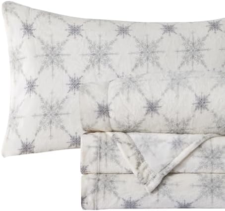 Elegant Comfort Luxuriously Soft 4-Piece Holiday Velvet Plush Flannel Sheet Set - Premium Quality - Cozy Warm, Christmas Fuzzy Velvet Flannel Fleece Deep Pocket Sheet Set - Full, Beige Snowflake