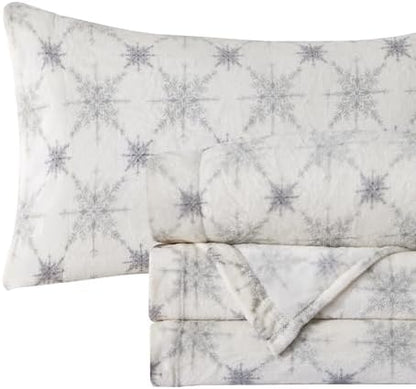 Elegant Comfort Luxuriously Soft 4-Piece Holiday Velvet Plush Flannel Sheet Set - Premium Quality - Cozy Warm, Christmas Fuzzy Velvet Flannel Fleece Deep Pocket Sheet Set - Full, Beige Snowflake