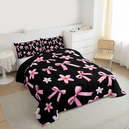 jejeloiu Watercolor Bow Kids Comforter Set Full Size Kawaii Bowknot Bedding Set Dreamy Princess Style Duvet Quilt for Kids Boys Girls Bedroom Cute Bow Decor Microfiber Ultra Soft Breathable