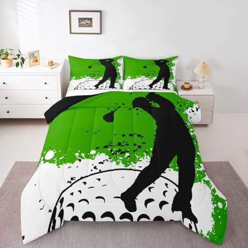 Erosebridal Golf Comforter,Golf Balls Bedding Sport Game Theme Bedding Sets & Collections Green Black White Comforter Twin 2pcs Boys Room Decorative Quilt Teens Adults Bedroom Decor