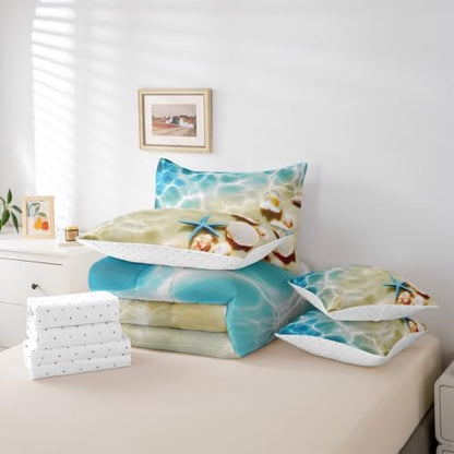 Erosebridal Ocean 7 Piece Bedding Set Twin Beach Comforter Set with Sheets Coastal Nature Bed in A Bag Hawaiian Sea Wave Animals Shell Starfish Bed Sets with 2 Pillowcases, 2 Throw Pillow Covers