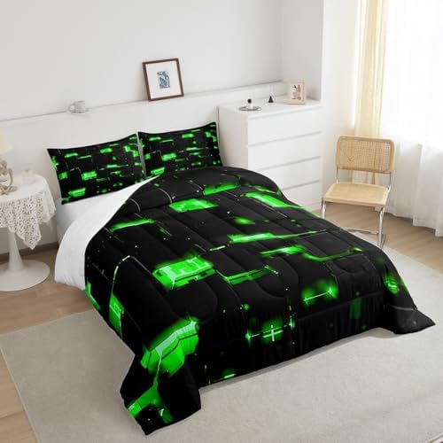 Feelyou Black Green Square Ombre Comforter Set King Size Kids 3D Rendering Abstract Art Comforter for Boys Girls Teens Modern Fashion Bedding Set Stripes Duvet Set Room Decor