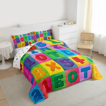 jejeloiu Number Learning Comforter Set Toddler Size Alphabet ABC Bedding Set for Kids Boys Girls Colorful Educational Duvet Quilt Bedroom Decor Microfiber 2 Pcs with 1 Pillow Cases