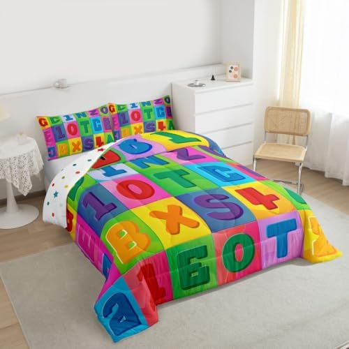 jejeloiu Number Learning Comforter Set Twin Size Alphabet ABC Bedding Set for Kids Boys Girls Colorful Educational Duvet Quilt Bedroom Decor Microfiber 2 Pcs with 1 Pillow Cases