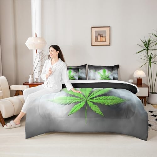 Erosebridal Leaves Comforter Set Leaf Bed in A Bag Queen Size 7 Pieces Botanical Plant Bed Set Room Decor Grey Grunge Style Bedding with Sheets