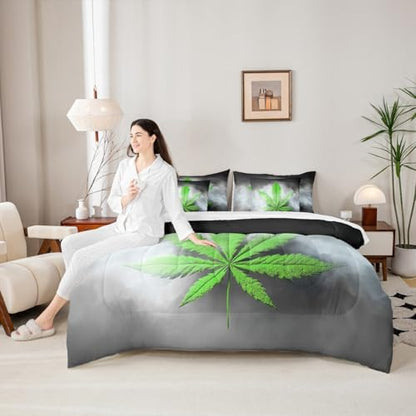 Erosebridal Leaves Comforter Set Leaf Bed in A Bag Queen Size 7 Pieces Botanical Plant Bed Set Room Decor Grey Grunge Style Bedding with Sheets