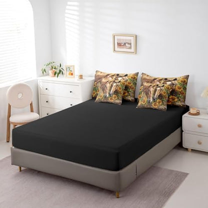 Erosebridal Horse Bedding Set Full,Horse Sunflower Floral Comforter Set,Vintage Wooden Board(Comforter+Fitted+Flat Sheet+2 Pillowcases+2 Throw Pillow Covers) 7 Pieces Western Rustic Farmhouse Bed Set