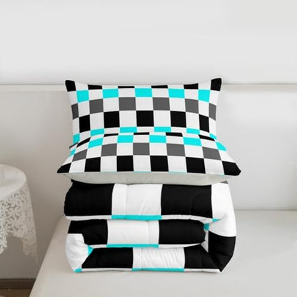 Feelyou Checkered Geometric Bedding Set for Boys Girls Teal Grey Black Plaid Comforter Set King Size Checkerboard Modern Aesthetic Duvet Quilt Reversible Grey Bedroom Decor 3 Pcs with 2 Pillow Cases